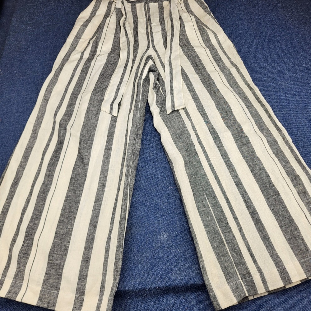 Who What Wear Striped Linen Blend Wide Leg Paperbag Waist Pants Black Cream 4